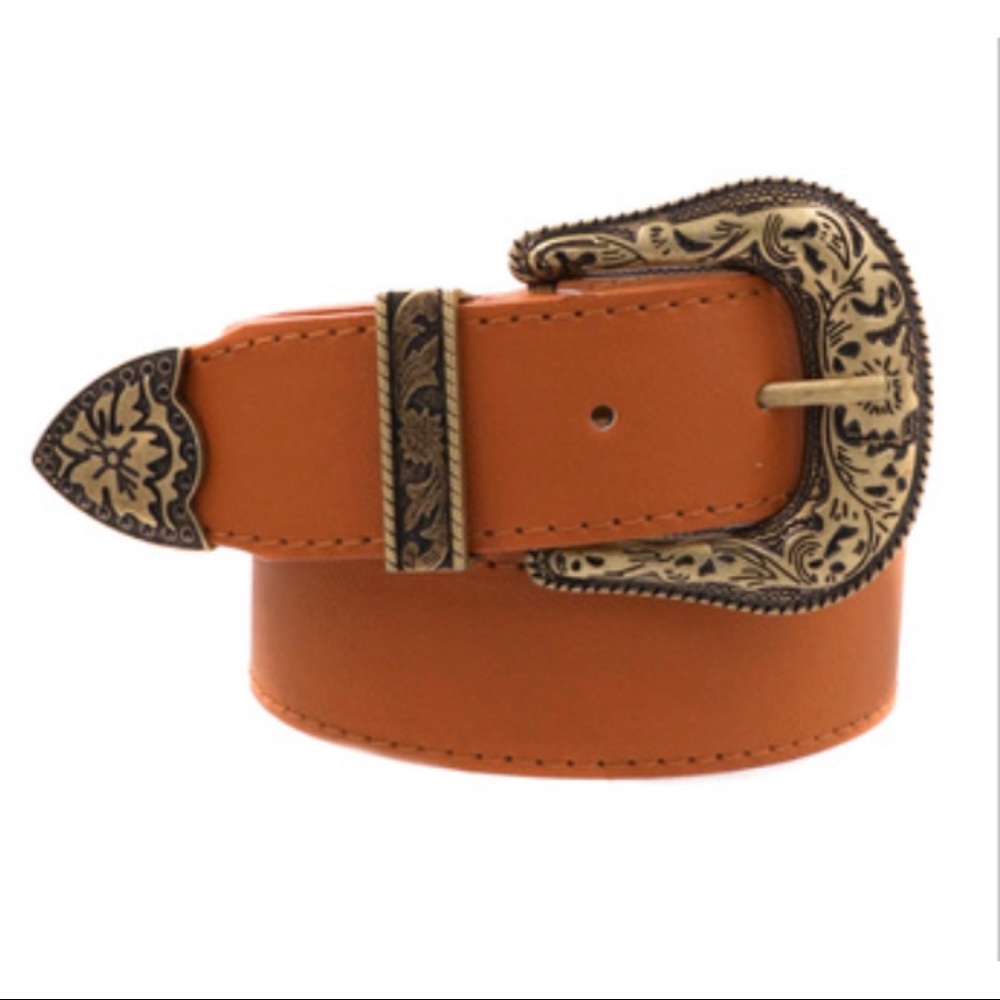 Brown and gold metal buckle belt